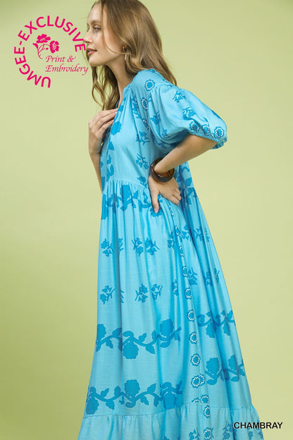 Umgee Vine Stippling Print Maxi Dress in Chambray