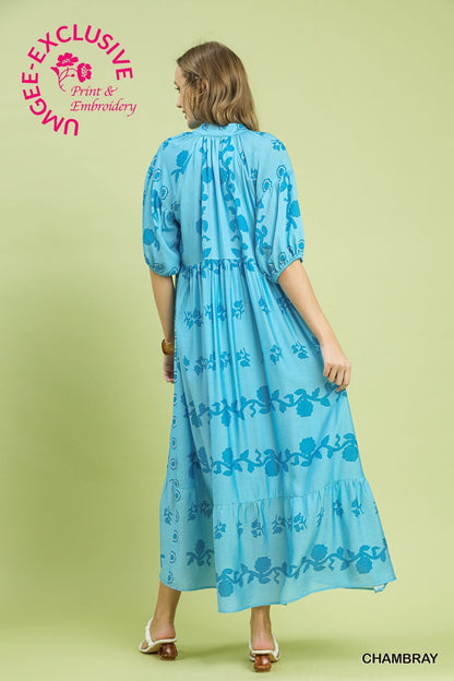 Umgee Vine Stippling Print Maxi Dress in Chambray