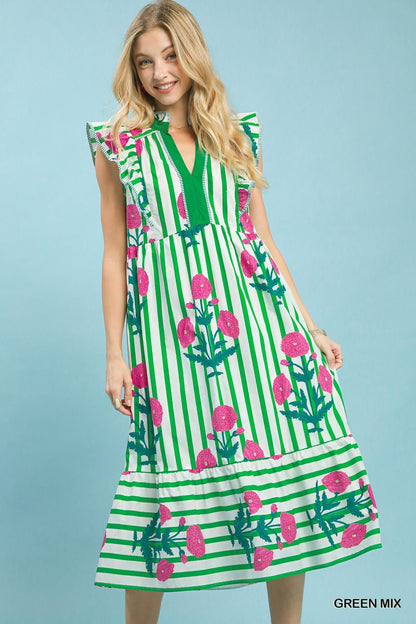 Umgee Mix Striped Floral Midi Dress in Green Mix