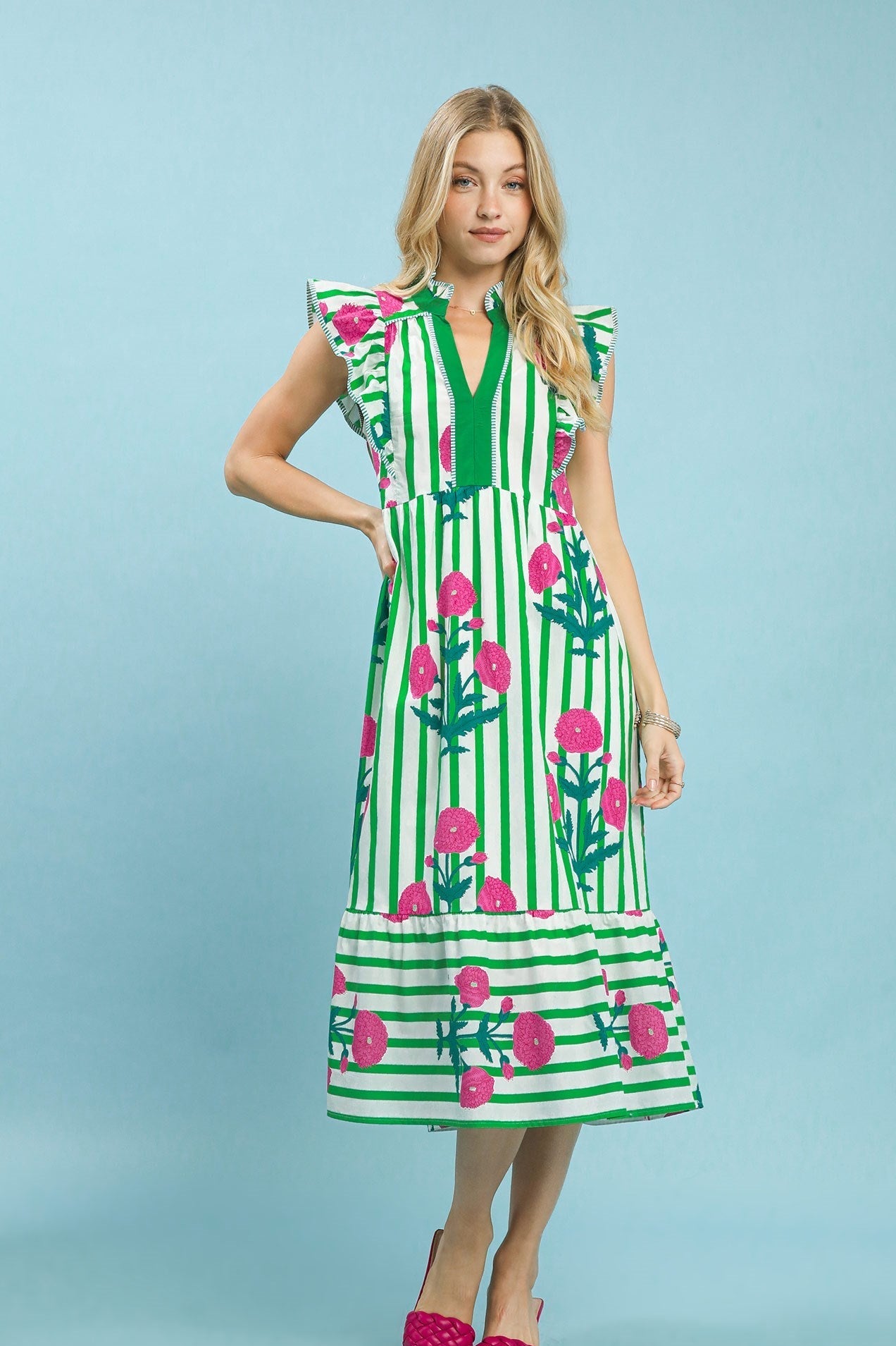 Umgee Mix Striped Floral Midi Dress in Green Mix