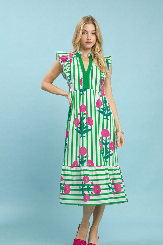 Umgee Mix Striped Floral Midi Dress in Green Mix