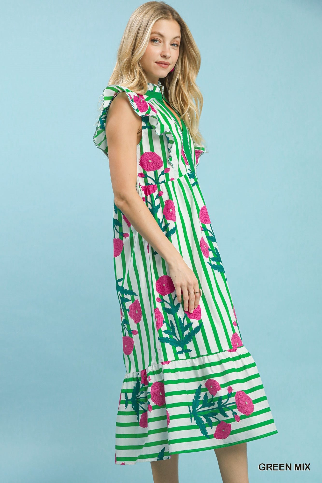Umgee Mix Striped Floral Midi Dress in Green Mix