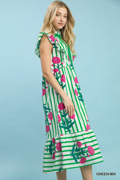 Umgee Mix Striped Floral Midi Dress in Green Mix