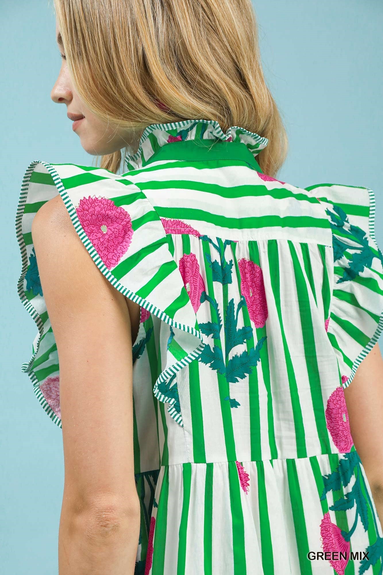 Umgee Mix Striped Floral Midi Dress in Green Mix