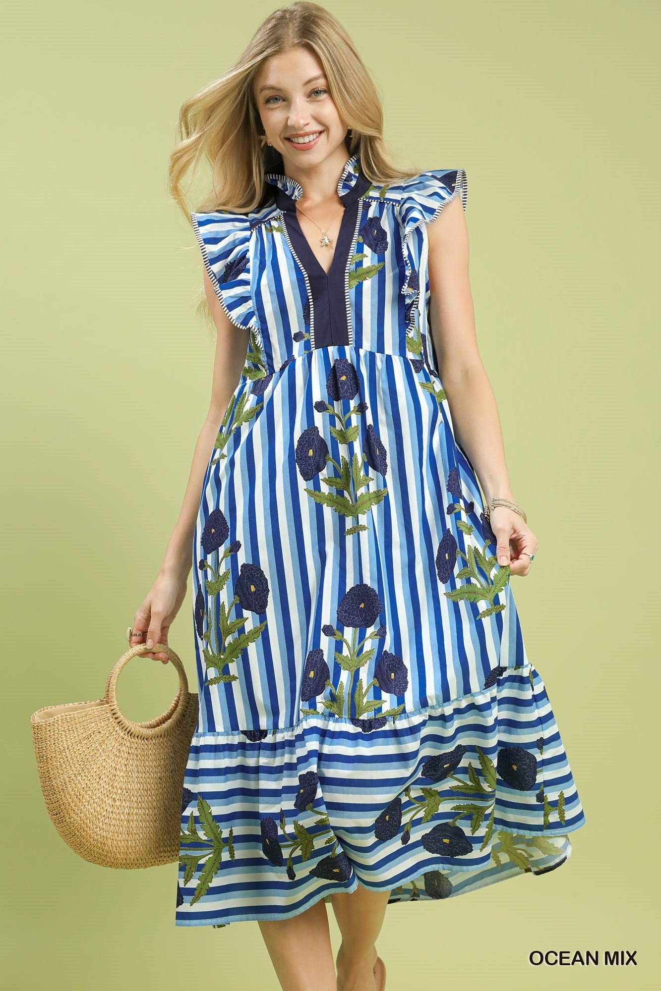 Umgee Mix Striped Floral Midi Dress in Ocean Mix ON ORDER
