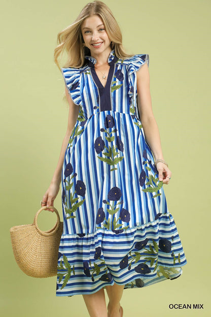 Umgee Mix Striped Floral Midi Dress in Ocean Mix ON ORDER