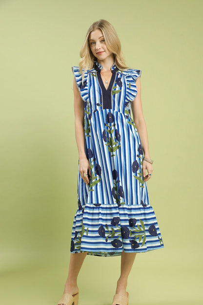 Umgee Mix Striped Floral Midi Dress in Ocean Mix ON ORDER
