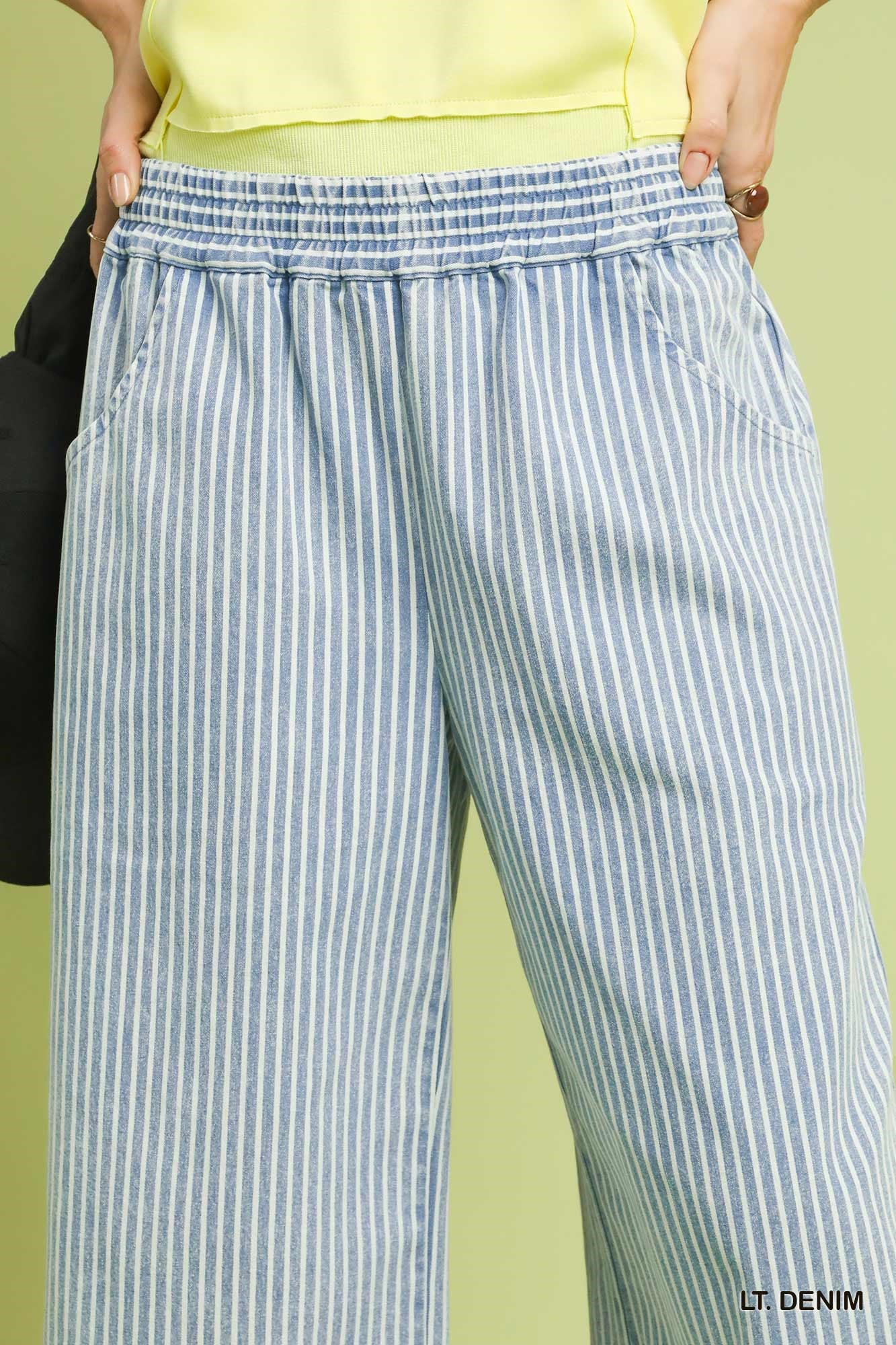 Umgee Stone Wash Stripe Wide-Leg Pants in Light Denim