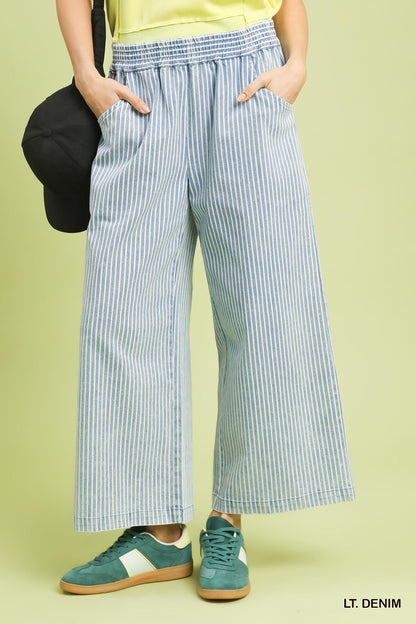 Umgee Stone Wash Stripe Wide-Leg Pants in Light Denim