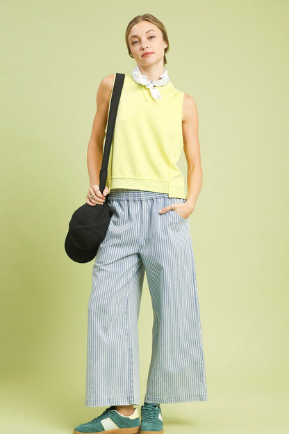 Umgee Stone Wash Stripe Wide-Leg Pants in Light Denim