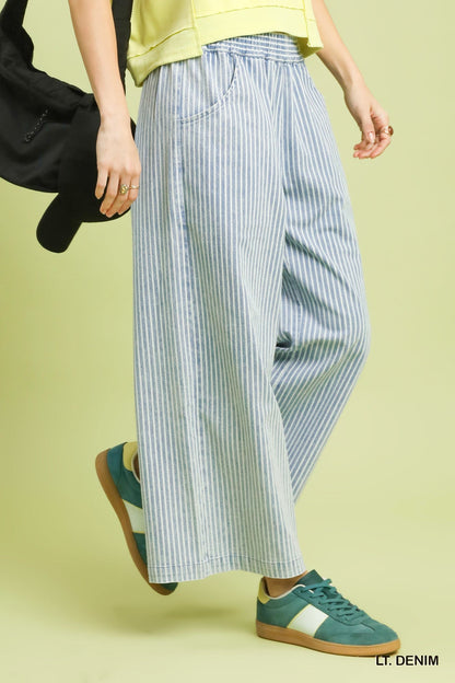 Umgee Stone Wash Stripe Wide-Leg Pants in Light Denim