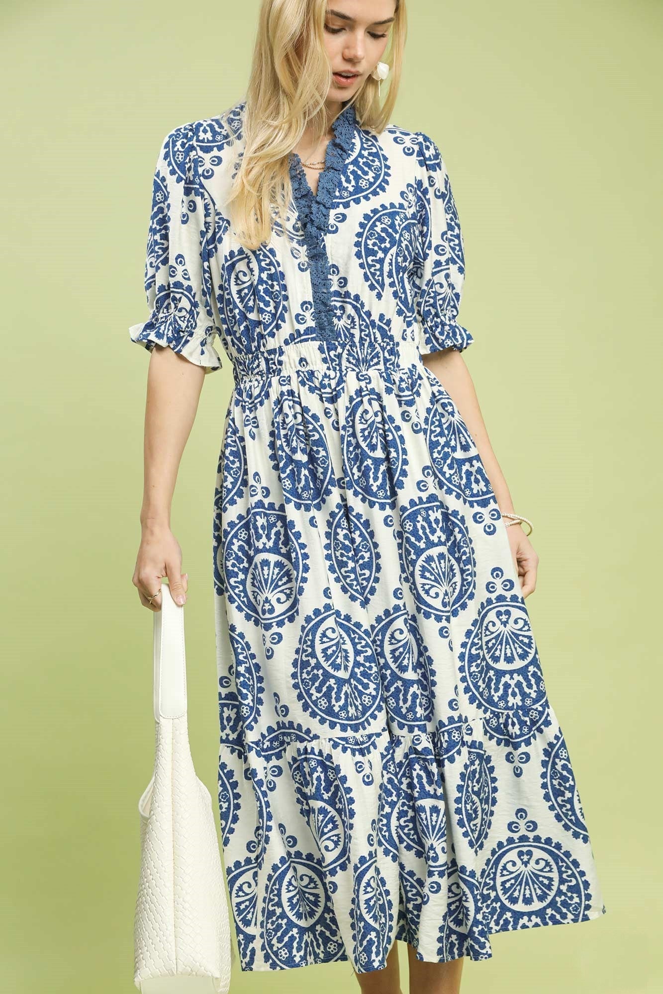 Umgee Medallion Paisley Print Midi Dress in Blue