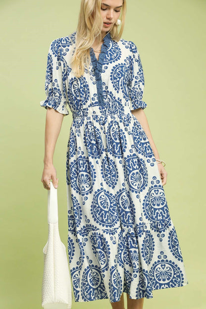 Umgee Medallion Paisley Print Midi Dress in Blue