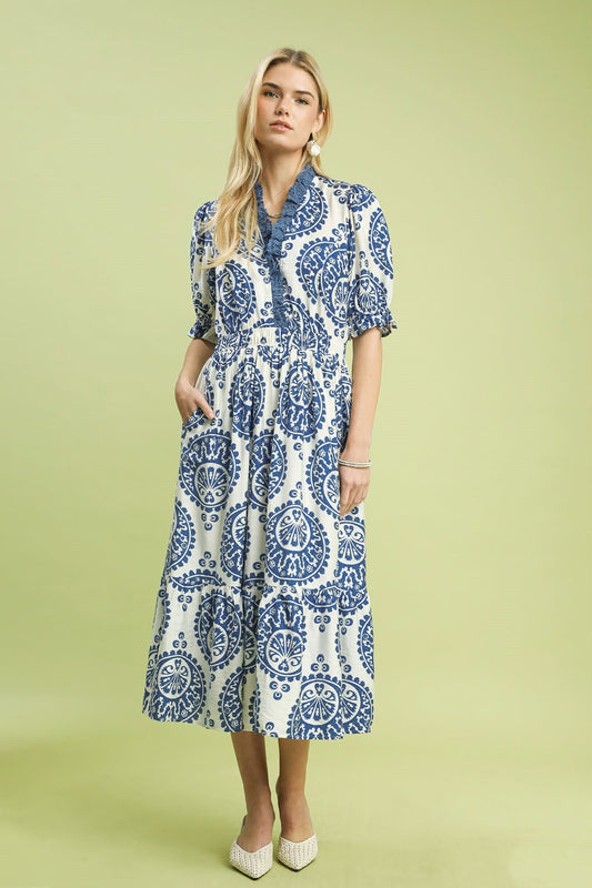 Umgee Medallion Paisley Print Midi Dress in Blue