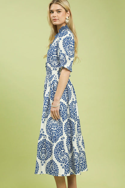 Umgee Medallion Paisley Print Midi Dress in Blue