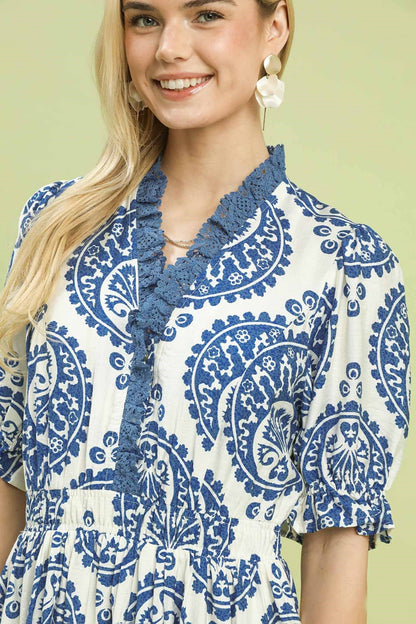 Umgee Medallion Paisley Print Midi Dress in Blue