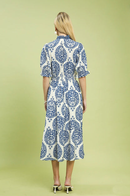 Umgee Medallion Paisley Print Midi Dress in Blue