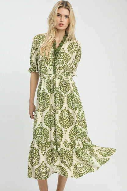 Umgee Medallion Paisley Print Midi Dress in Green