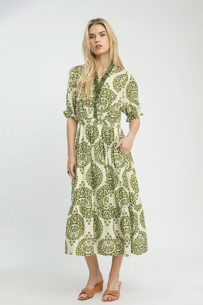 Umgee Medallion Paisley Print Midi Dress in Green