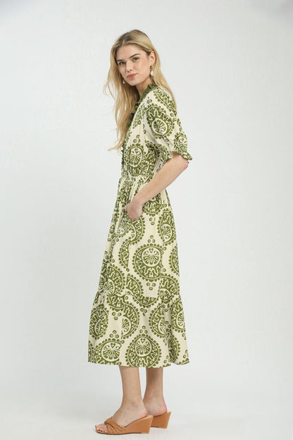 Umgee Medallion Paisley Print Midi Dress in Green