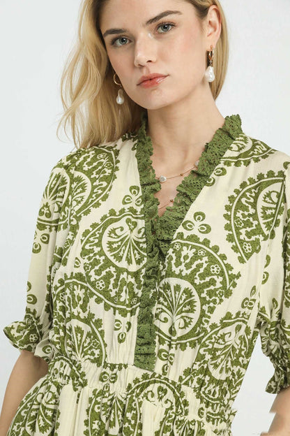 Umgee Medallion Paisley Print Midi Dress in Green