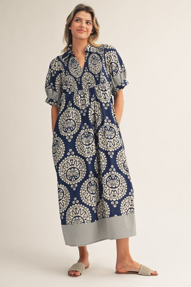 Jodifl Geometric Floral Print Midi Dress in Navy