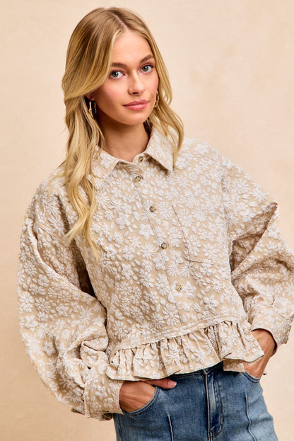 BiBi Textured Floral Ruffle Hem Button Up Top in Oatmeal