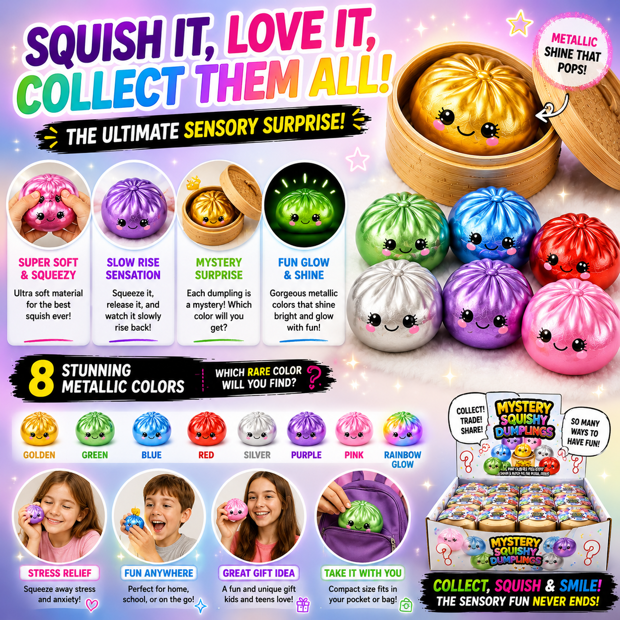 Metallic Squishy Dumplings Toy – 4" Mystery Collectible Squeeze Toy
