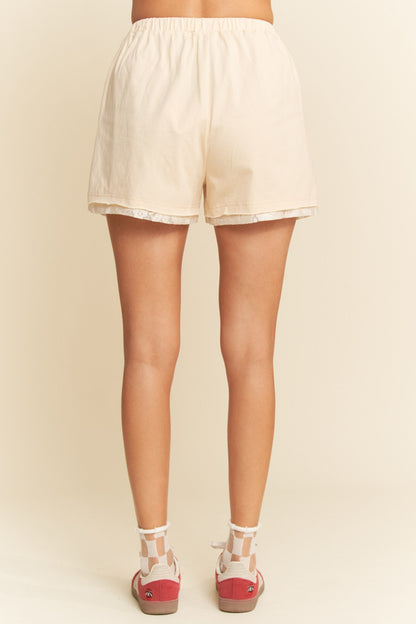 Davi & Dani Knit and Lace Shorts with Flower Patches in Beige Multi