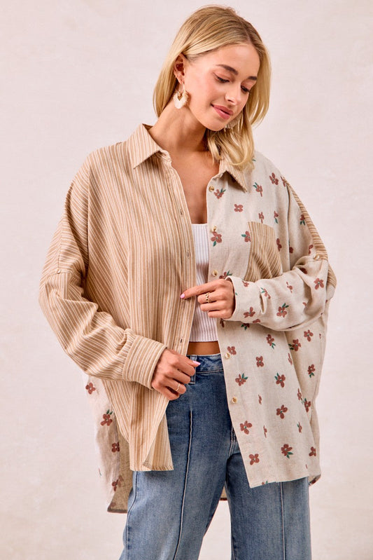 BiBi OVERSIZED Mix n Match Stripes and Floral Print Top in Taupe/Terracotta