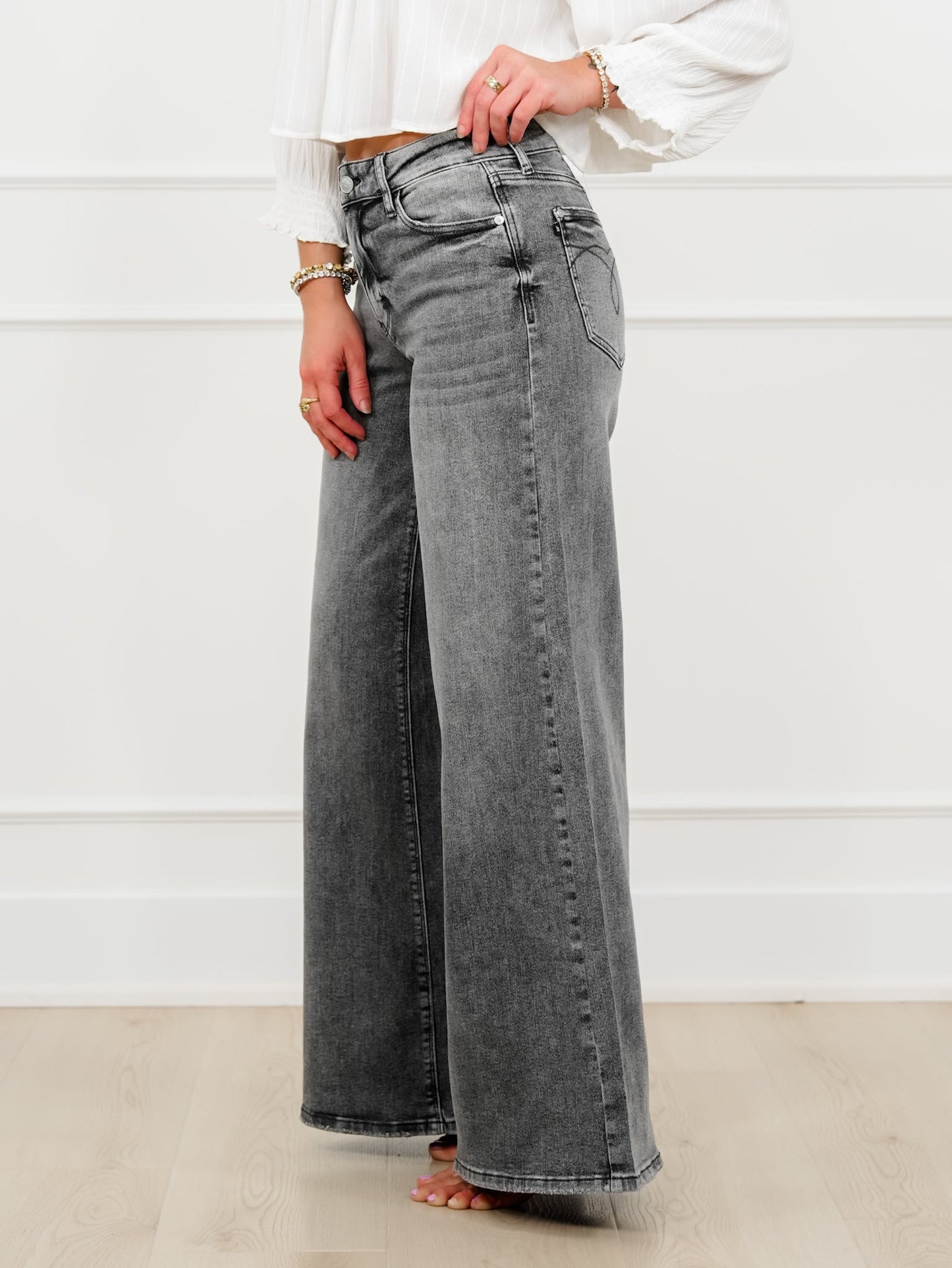 Judy Blue Stormy Days Mid Rise Gray Palazzo Jeans with Split Back Yokes