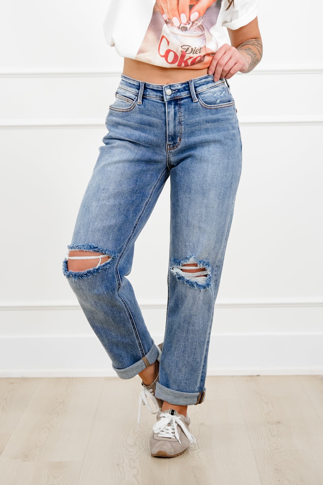 Judy Blue Mid Rise Medium Wash Distressed Boyfriend Jeans with Cuff