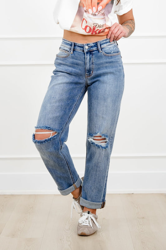 Judy Blue Mid Rise Medium Wash Distressed Boyfriend Jeans with Cuff