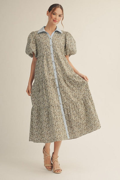 Jodifl Leopard Print Tiered Midi Dress with Contrast Trim in Blue