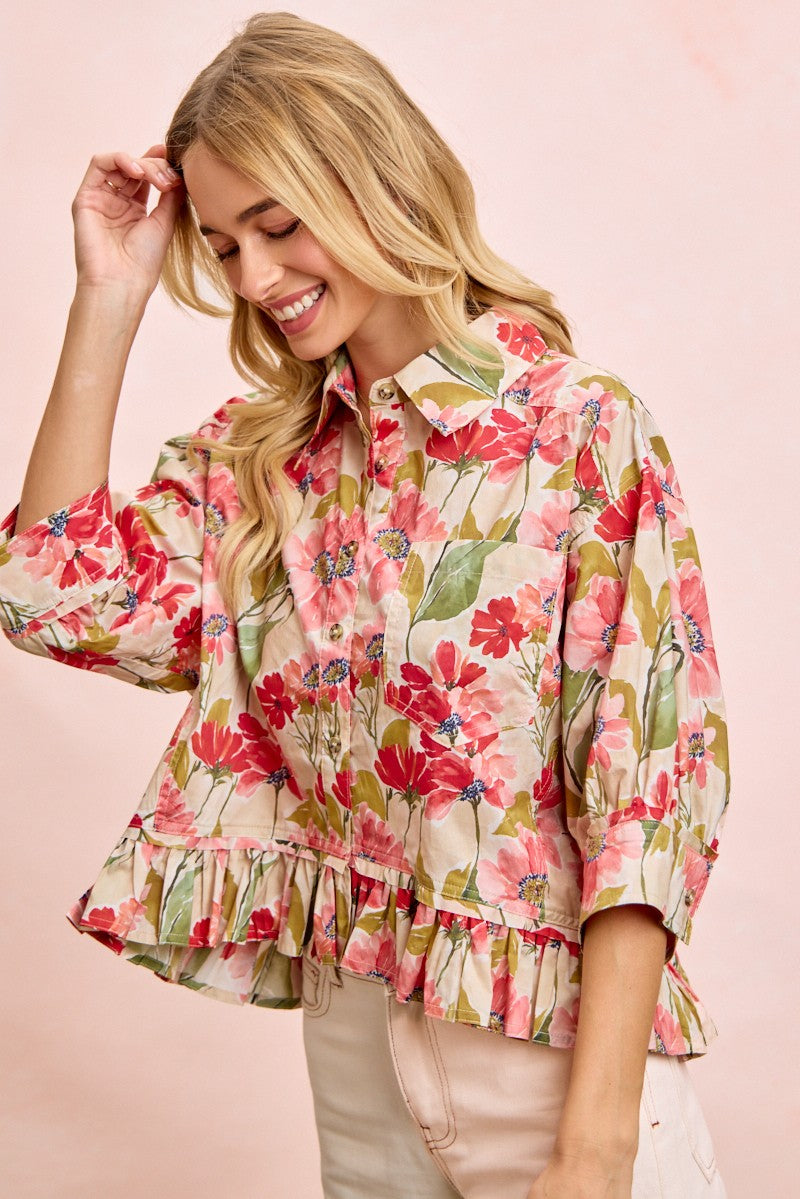 BiBi Floral Print Ruffled Hem Button-Up Quarter Sleeve Top in Floral ON ORDER