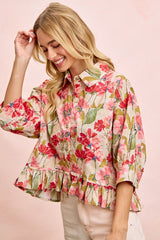 BiBi Floral Print Ruffled Hem Button-Up Quarter Sleeve Top in Floral ON ORDER