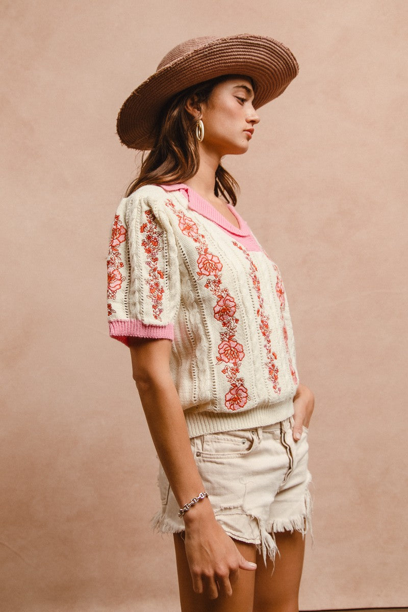 BiBi Lightweight Knit Top with Floral Embroidery in Ivory/Pink