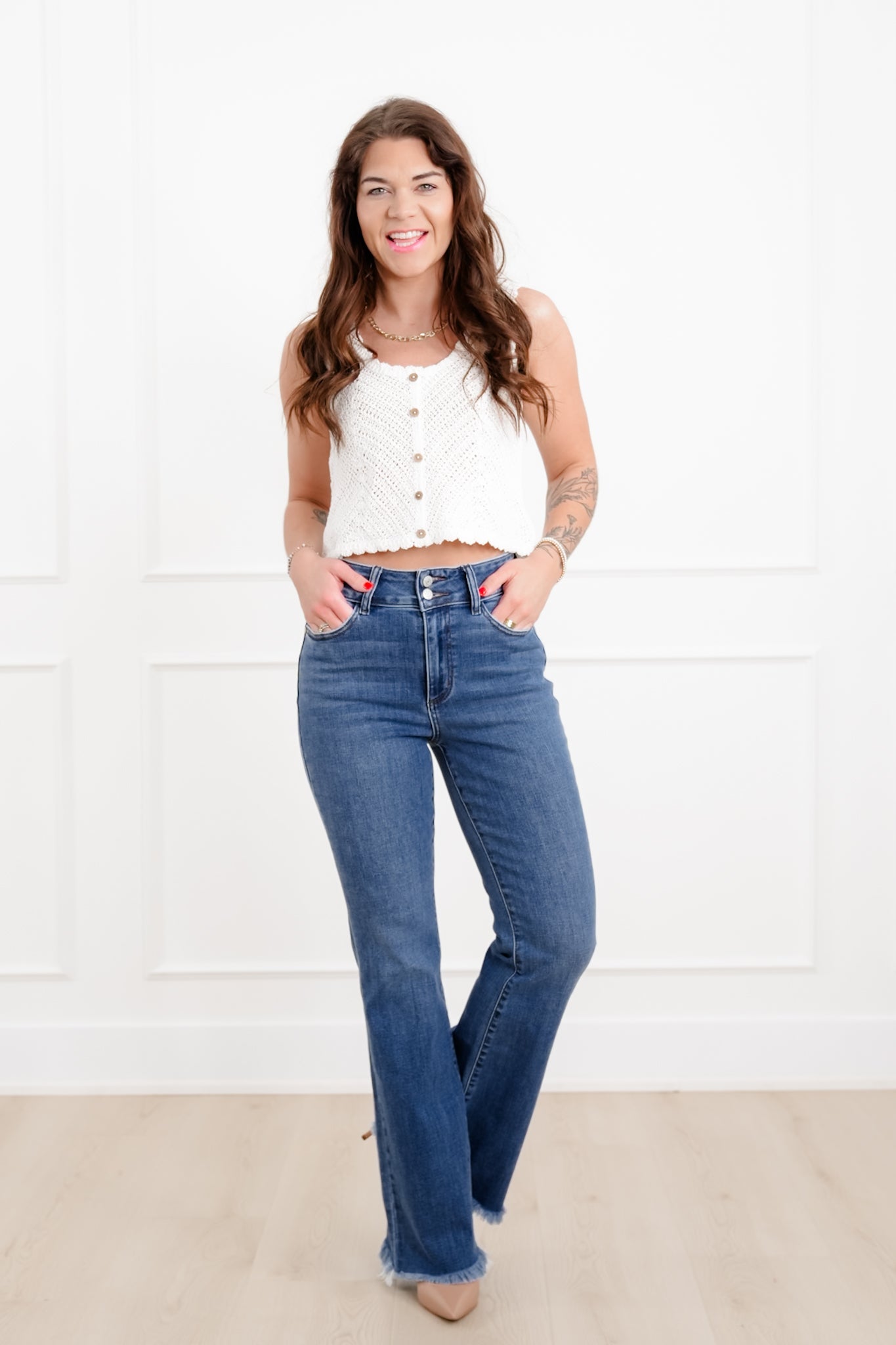 Judy Blue The Delilah High Rise Medium Wash Double Button Frayed Hem Bootcut Jeans