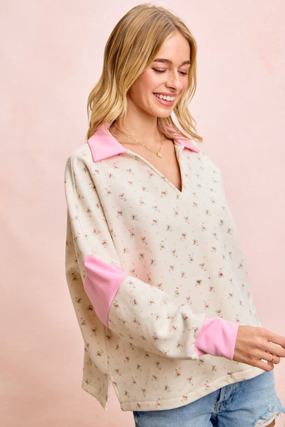BiBi Floral Print French Terry V Neck Collared Top in Ivory/Pink