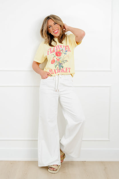 Judy Blue The Sunday Stroll High Rise Multiple Inseam White Featherweight Palazzo Jeans with Elastic Waistband