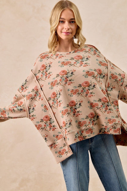 BiBi OVERSIZED Floral Print Waffle Knit Top in Taupe