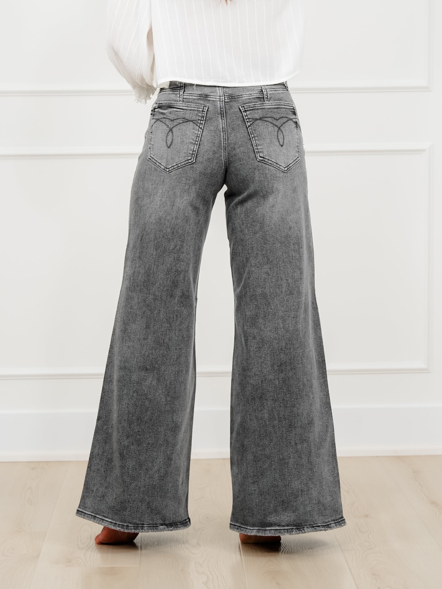 Judy Blue Stormy Days Mid Rise Gray Palazzo Jeans with Split Back Yokes