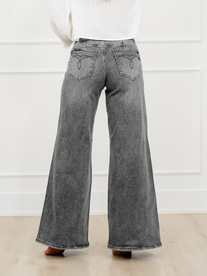Judy Blue Stormy Days Mid Rise Gray Palazzo Jeans with Split Back Yokes