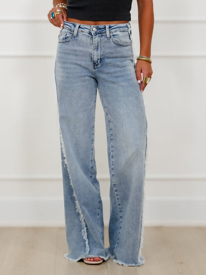 Judy Blue High Rise Light Wash Retro Wide Leg Jeans with Raw Twisted Outseam