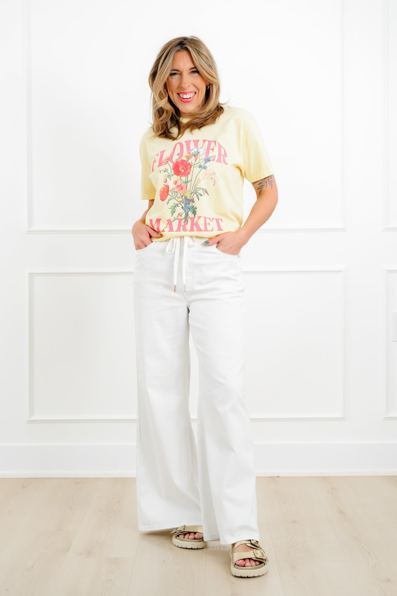 Judy Blue The Sunday Stroll High Rise Multiple Inseam White Featherweight Palazzo Jeans with Elastic Waistband