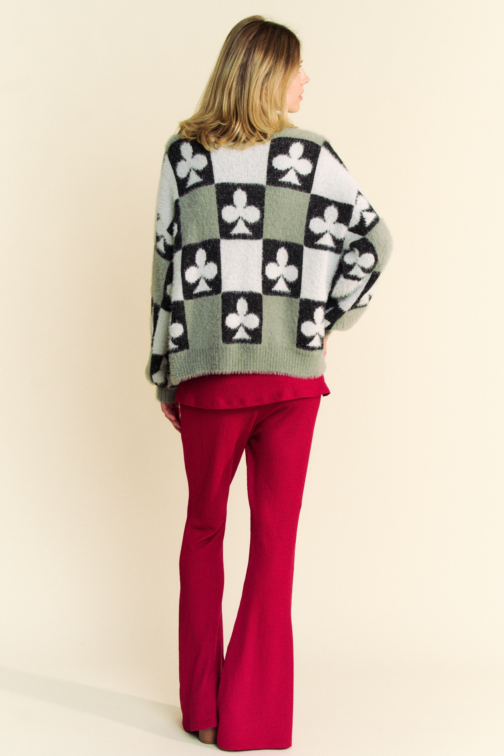 Davi & Dani Front Button Down Cardigan with Checkered & Clover Print in Black Beige FINAL SALE