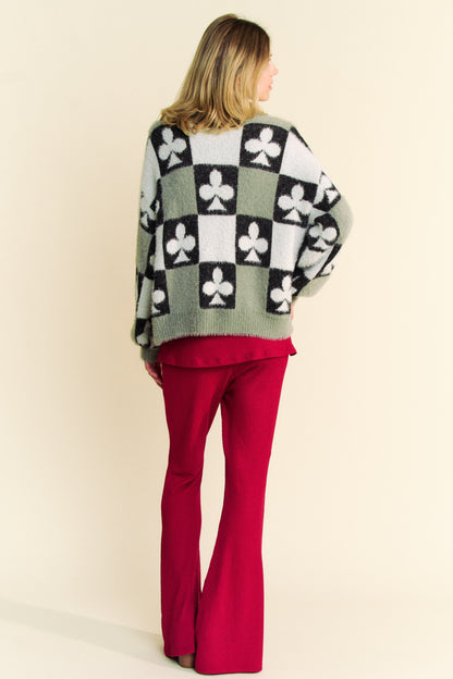 Davi & Dani Front Button Down Cardigan with Checkered & Clover Print in Black Beige FINAL SALE