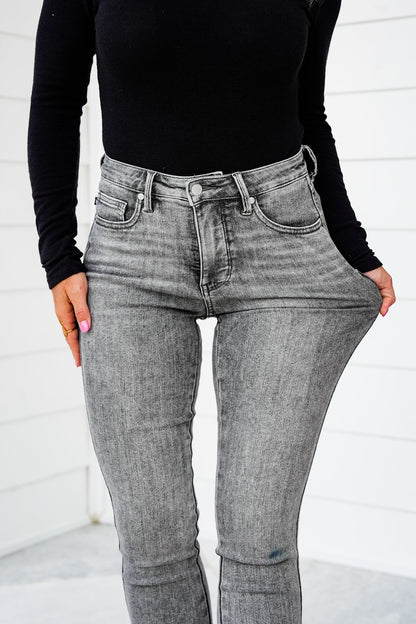 Judy Blue Smoke Show Mid Rise Grey Tummy Control Skinny Jeans with Shield Pockets