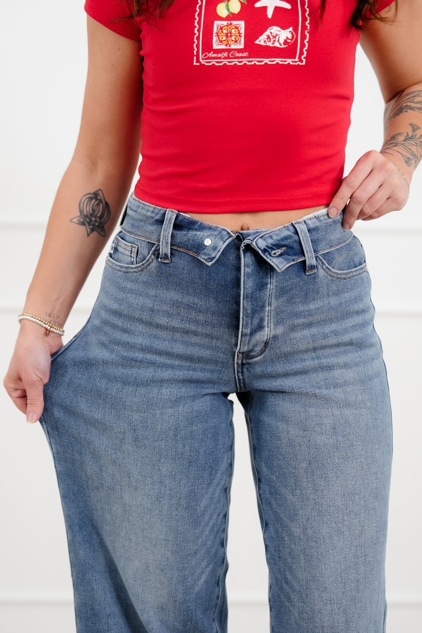 Judy Blue Catching Feelings Mid Rise Medium Wash Straight Leg Jeans with Folded Over Waistband