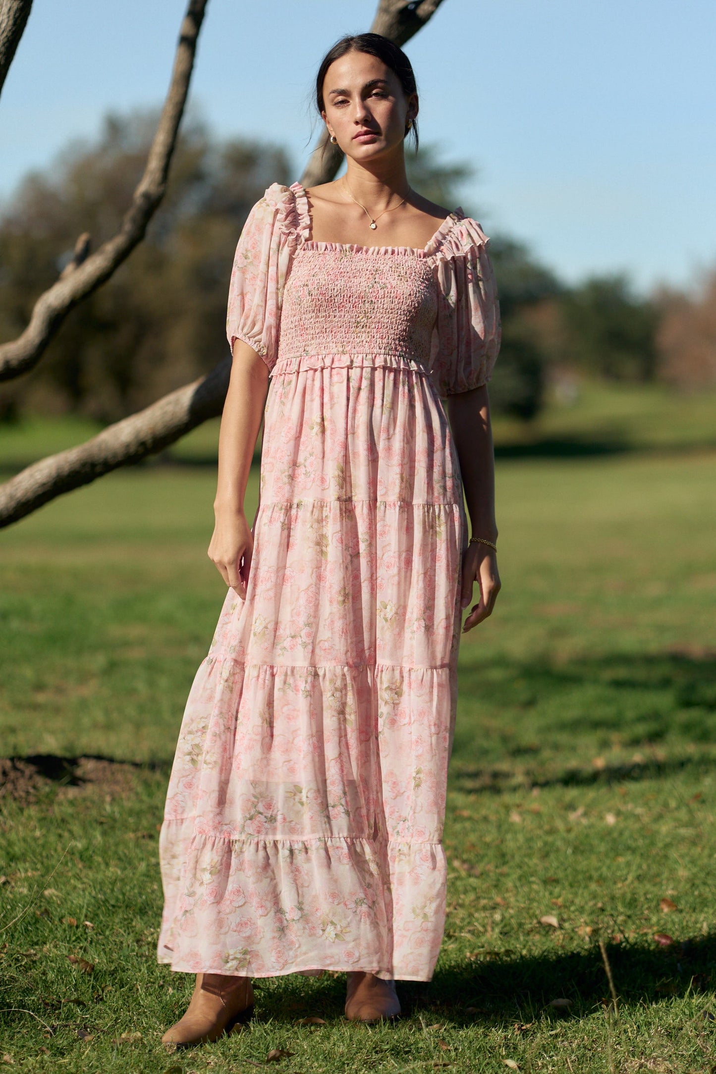 Davi & Dani Smocked Bodice Floral Print Maxi Dress in Pink